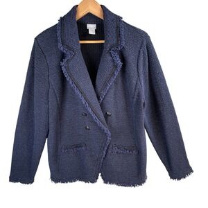 Chicos Womens Blazer Jacket Size 2 Navy Blue Fringe Trim‎ Double Breasted Tweed